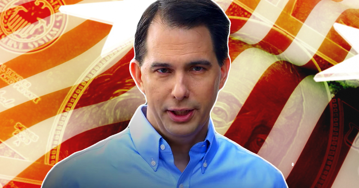 scott walker in front of stars and stripes and money